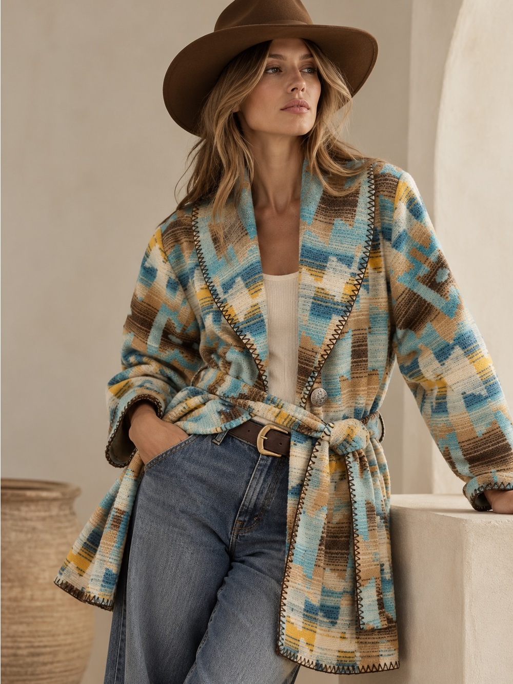 Vintage Rhonda Stark Southwestern Wool Blend Wrap Jacket Made USA